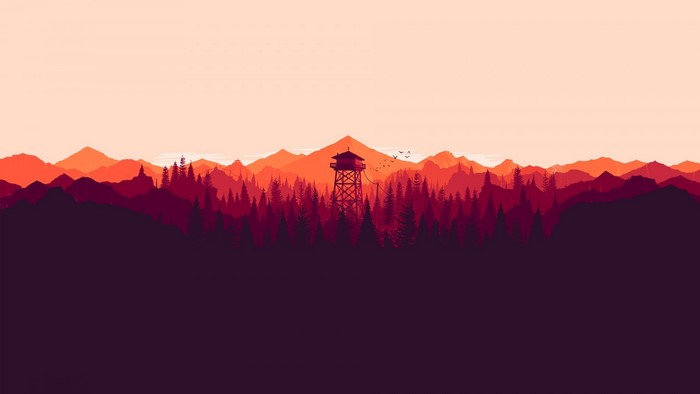 Firewatch tower in a minimalist mountain landscape at sunset