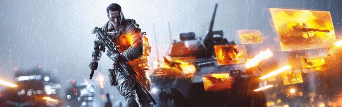 Soldier with assault rifle in war zone with explosions
