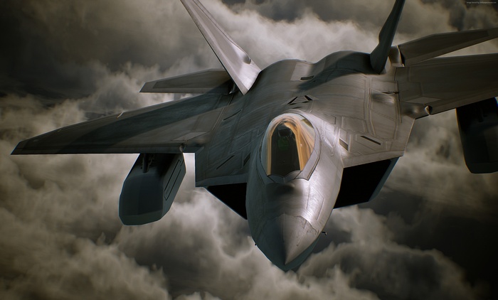 Fighter jet flying through clouds