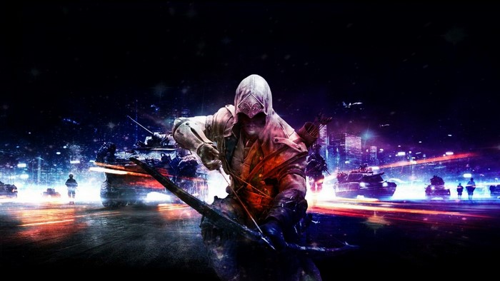 Assassin's Creed character with bow and arrow in a futuristic city