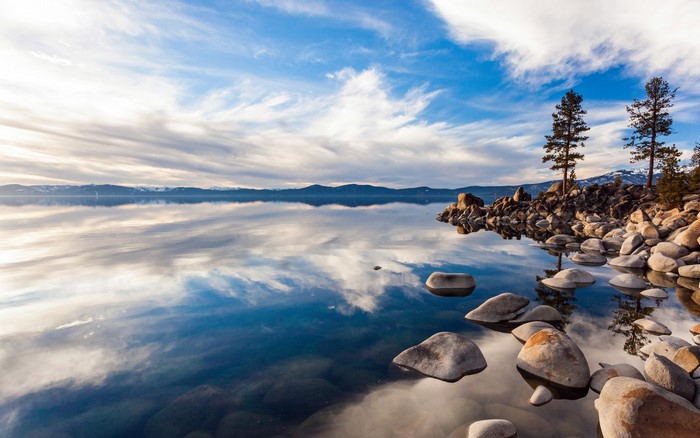Lake Tahoe landscape with reflection and mountains