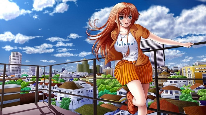 Anime girl with orange hair on a rooftop overlooking a city