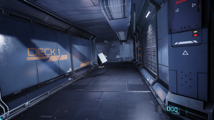 Interior of a spaceship corridor with 'DECK 1' marking