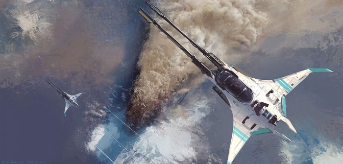 Science fiction artwork of two fighter aircraft in atmosphere