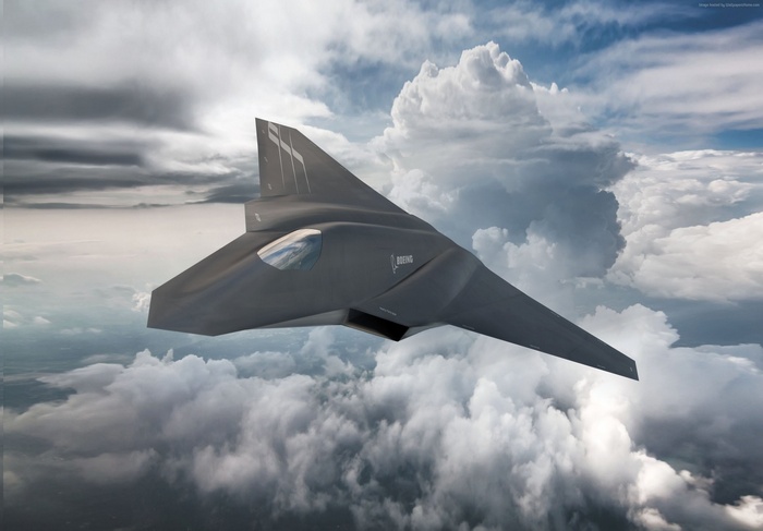 Boeing F-X concept fighter jet flying through clouds