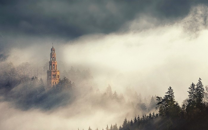 Tower in the mist over a forest