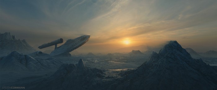 Starship Enterprise crashed on an alien planet at sunset