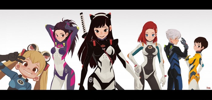Group of anime characters in Plug Suits