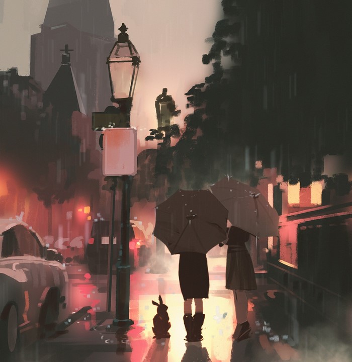 Two people with umbrellas and a rabbit in the rain