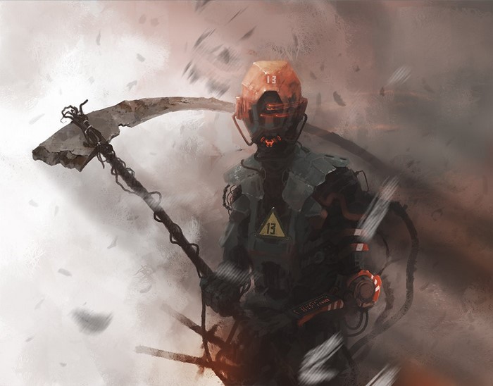 Soldier with scythe and helmet