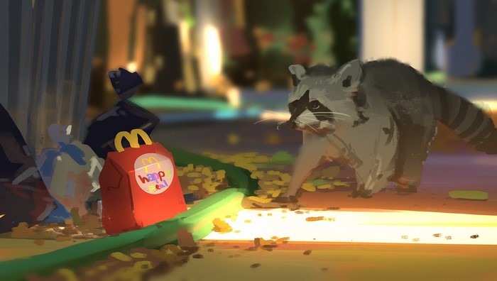 Raccoon near McDonald's Happy Meal box and trash
