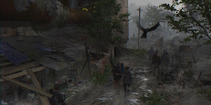 Apocalyptic jungle scene with people and a bird