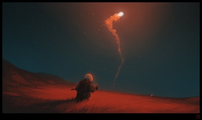 Astronaut watching a rocket launch in a starry night sky