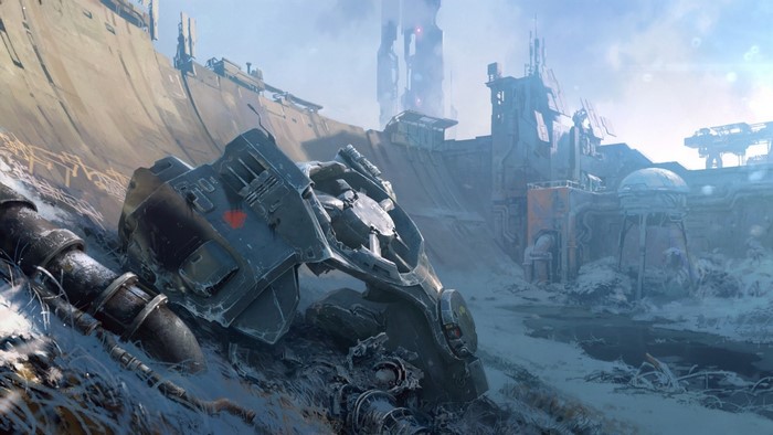 Debris of a destroyed vehicle in a snowy, industrial landscape