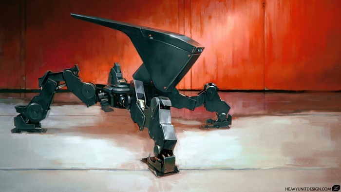 Concept art of a black mechanical spider-like robot
