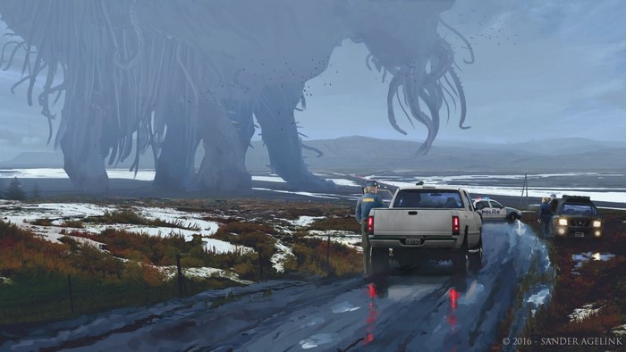 Giant Eldritch Creature and Police Cars in Snowy Landscape