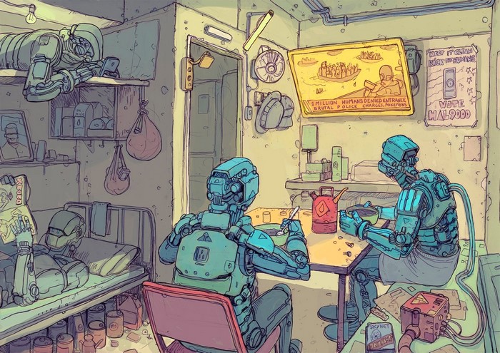 Robots in a futuristic room with propaganda
