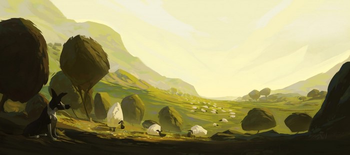 Dog watching sheep in a pastoral landscape