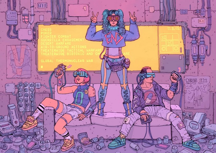 People playing video games in a futuristic room