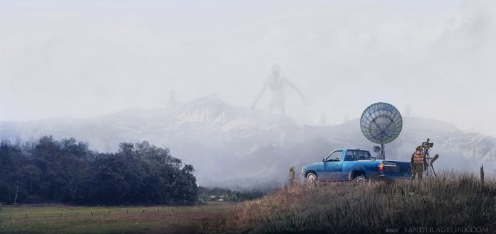 Giant figures in mist with a research team and truck