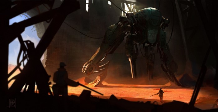 Giant robot in a desert landscape with two figures