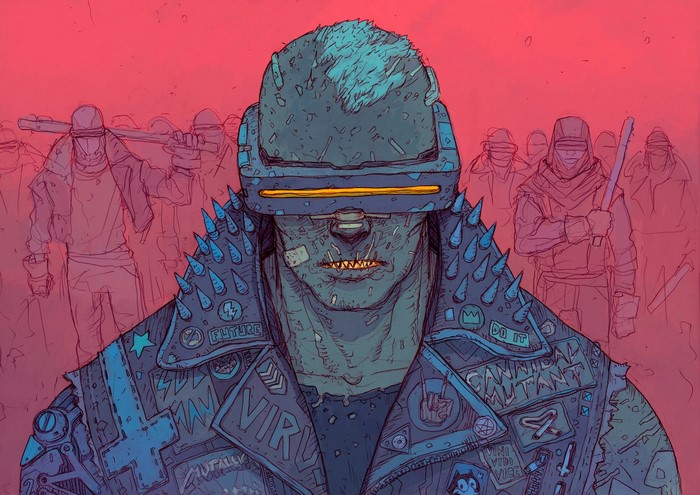 Cyberpunk mutant with spiked jacket and goggles