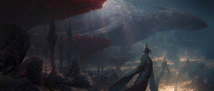 Alien landscape with giant creature and figures