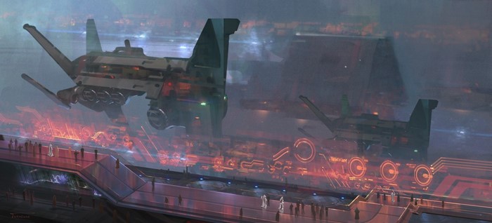 Science fiction vehicles in a futuristic city