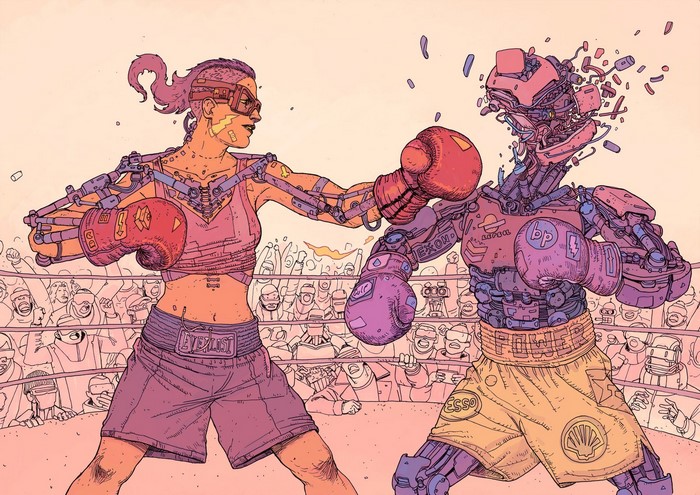 Woman boxer fighting a robot in a ring