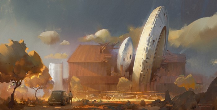 Science fiction crash scene with classic car and barn