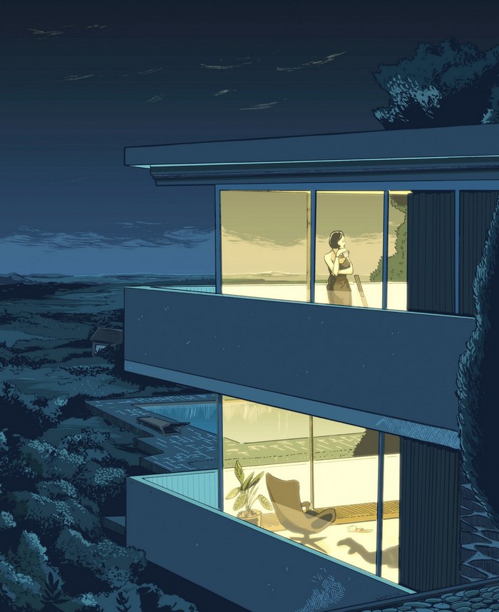 Illustration of a modern house at night