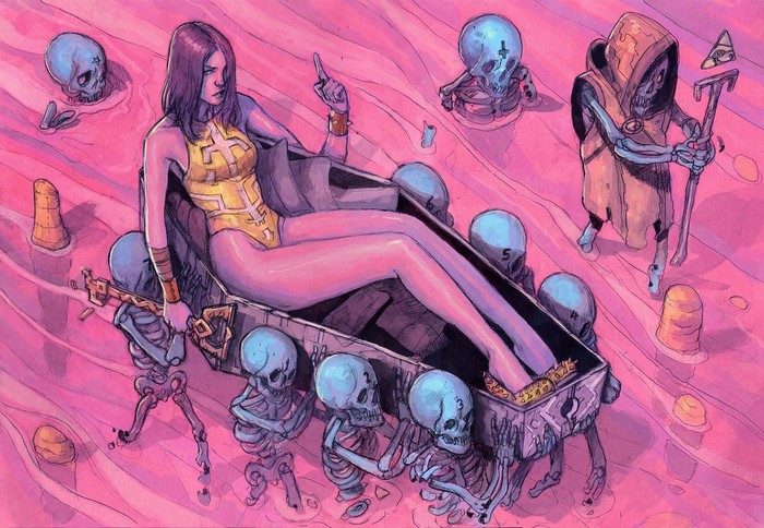Woman in Coffin with Skeletons and Grim Reaper