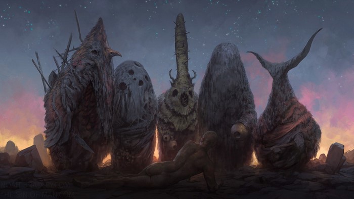 Monolithic figures in a desolate landscape under a starry sky