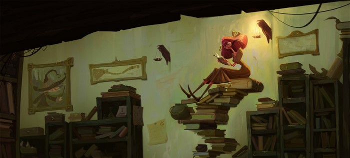 Fantasy art of a witch reading in a library