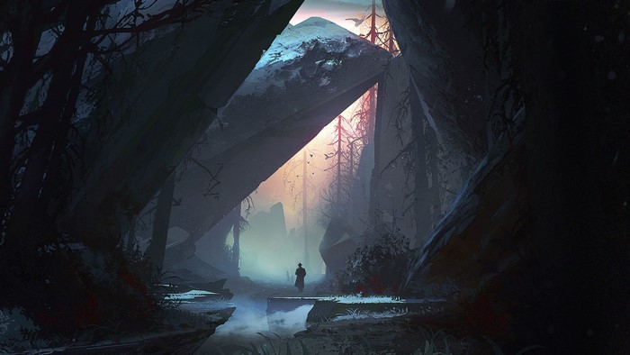 Fantasy art of a person in a dark forest with ice formations