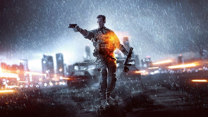Soldier in Battlefield 4 during a rainstorm
