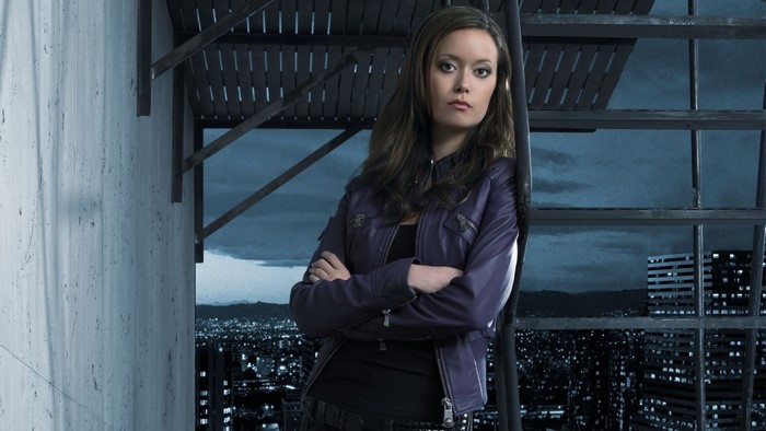 Summer Glau in a purple jacket