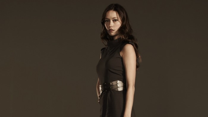 Summer Glau in a black dress
