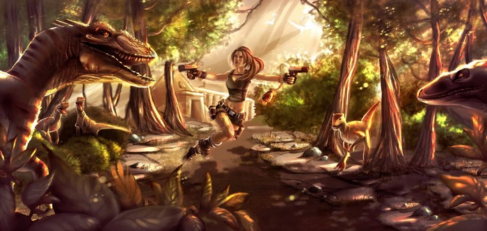 Lara Croft from Tomb Raider fighting dinosaurs in a jungle