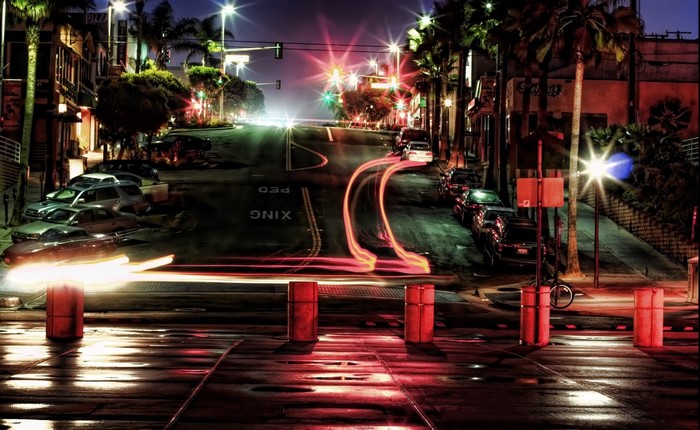 Long exposure of a city street at night with light trails