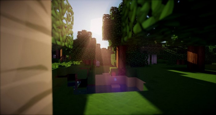 Minecraft forest with sunbeams and water
