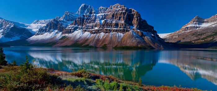 Panoramic view of a snow-capped mountain range reflected in a lake
