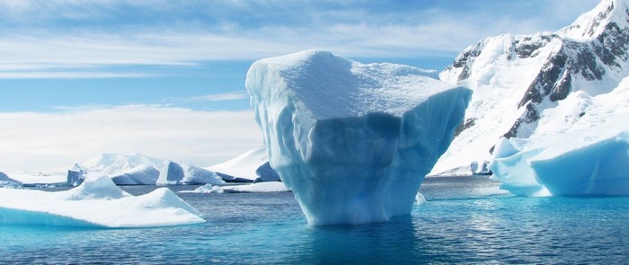 Icebergs floating in the ocean with snow-capped mountains