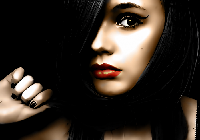 Woman with black hair and red lips