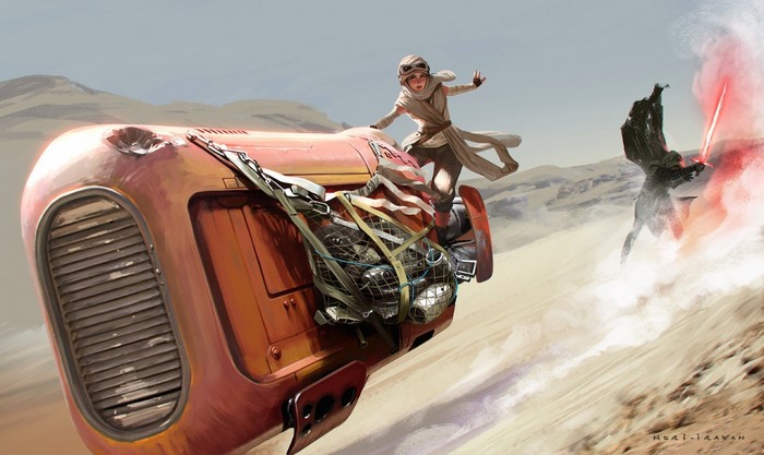 Rey and Kylo Ren from Star Wars in a desert