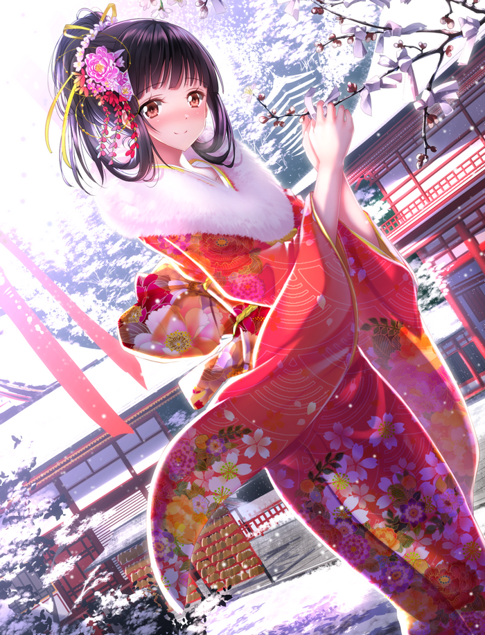 Anime girl in kimono in snow
