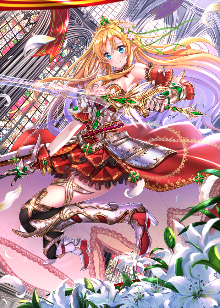 Anime girl in armor with sword in church