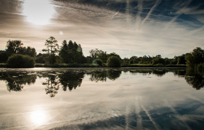 Lake reflection at sunrise with trees and clouds