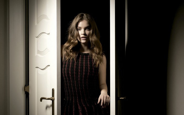 Barbara Palvin in a black and red dress