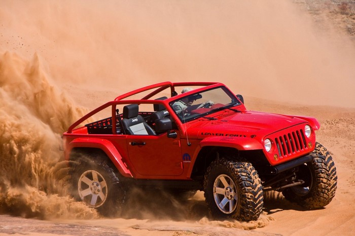 Red Jeep Wrangler off-roading in sand